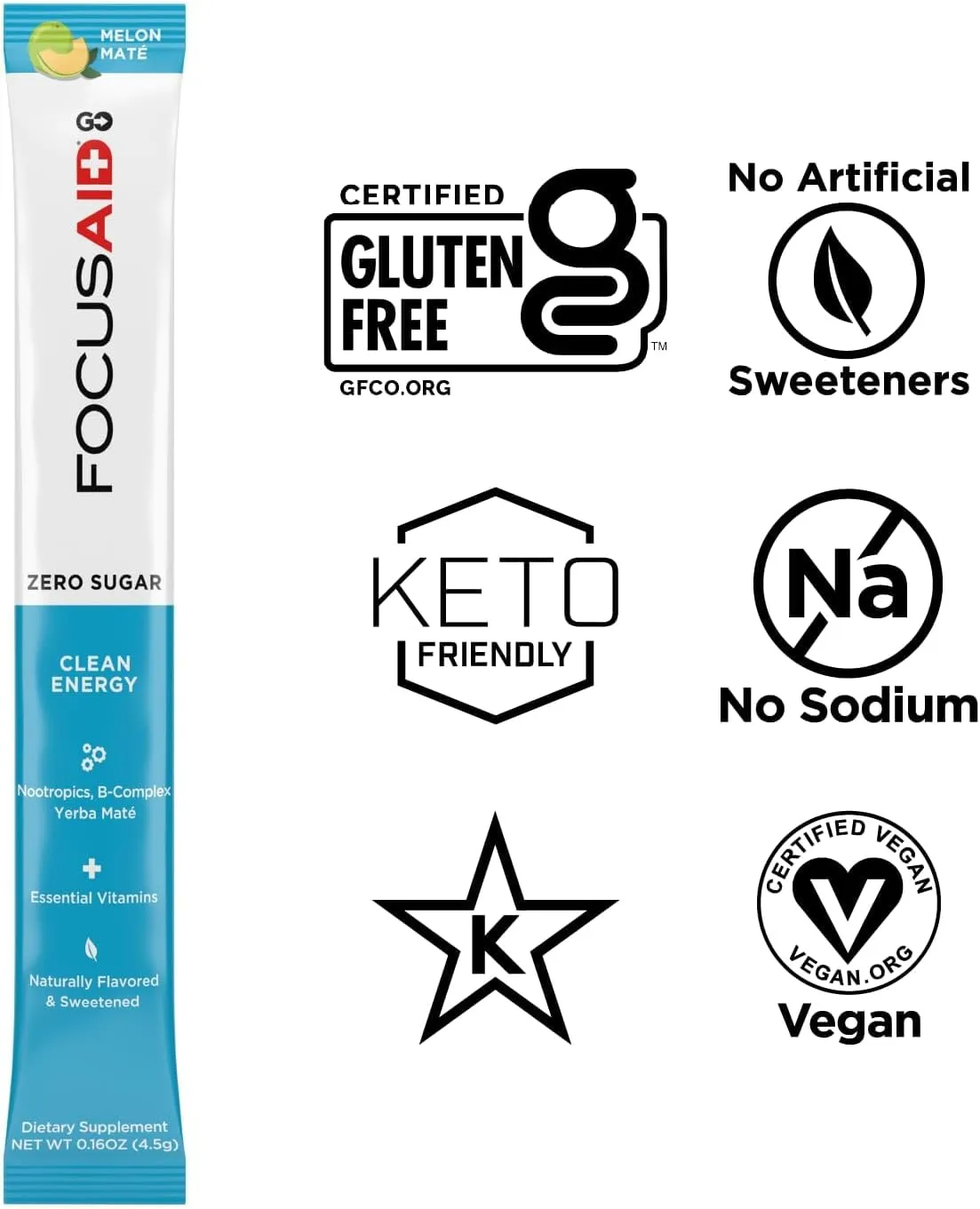 FOCUSAID GO Nootropics Energy Blend, Zero Sugar, Alpha-GPC, GABA, B-Complex, Yerba Mate, Green Tea, Keto Friendly, 100mg Caffeine, 30 Count (Pack of 1)