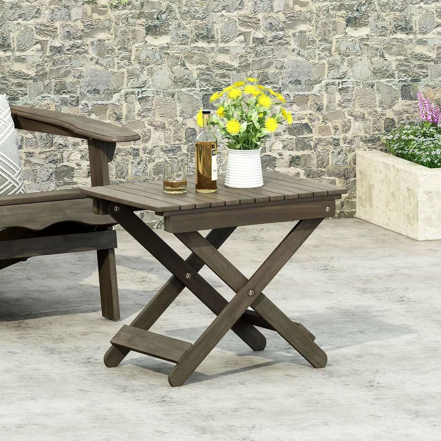Foldable Outdoor Side Table, Portable Accent Table, Folding Square Table for Balcony, Plants,Pool,Patio,Garden,Deck,Indoor,Outdoor (Gray)