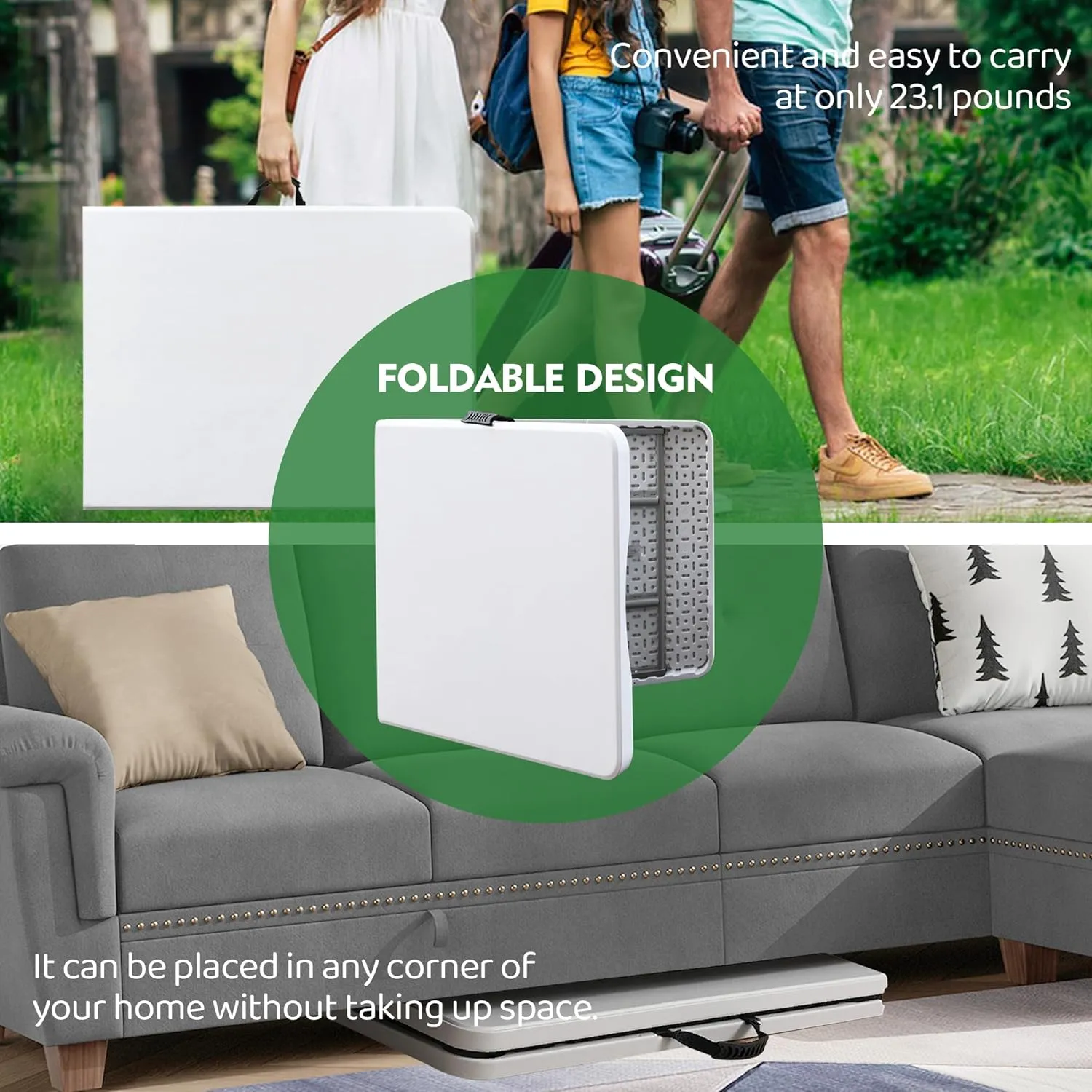 Foldable Table, Plastic 6FT Folding Table, Indoor Outdoor Protable Utility Table with Handle for Party, Camping and Picnic, White
