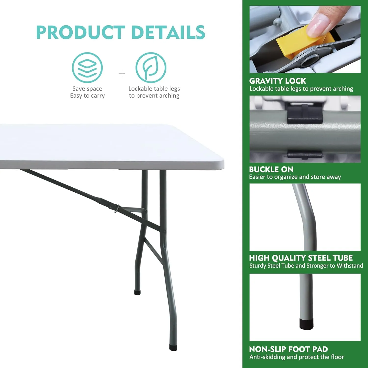 Foldable Table, Plastic 6FT Folding Table, Indoor Outdoor Protable Utility Table with Handle for Party, Camping and Picnic, White