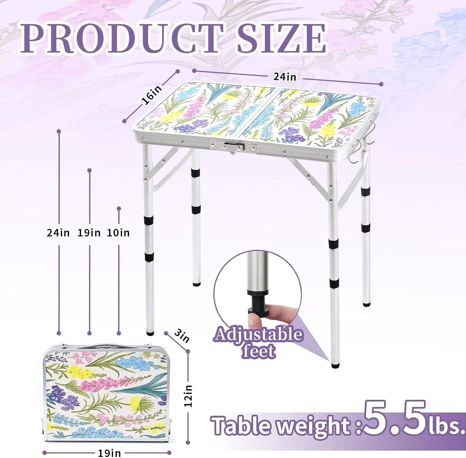 Folding Camping Table 2ft Portable Pinic Table Adjustable Height Small Card Table Aluminum Foldable Lightweight with Carry Handle for Outdoor Indoor Hiking Camp BBQ Beach (Blooming Floral)