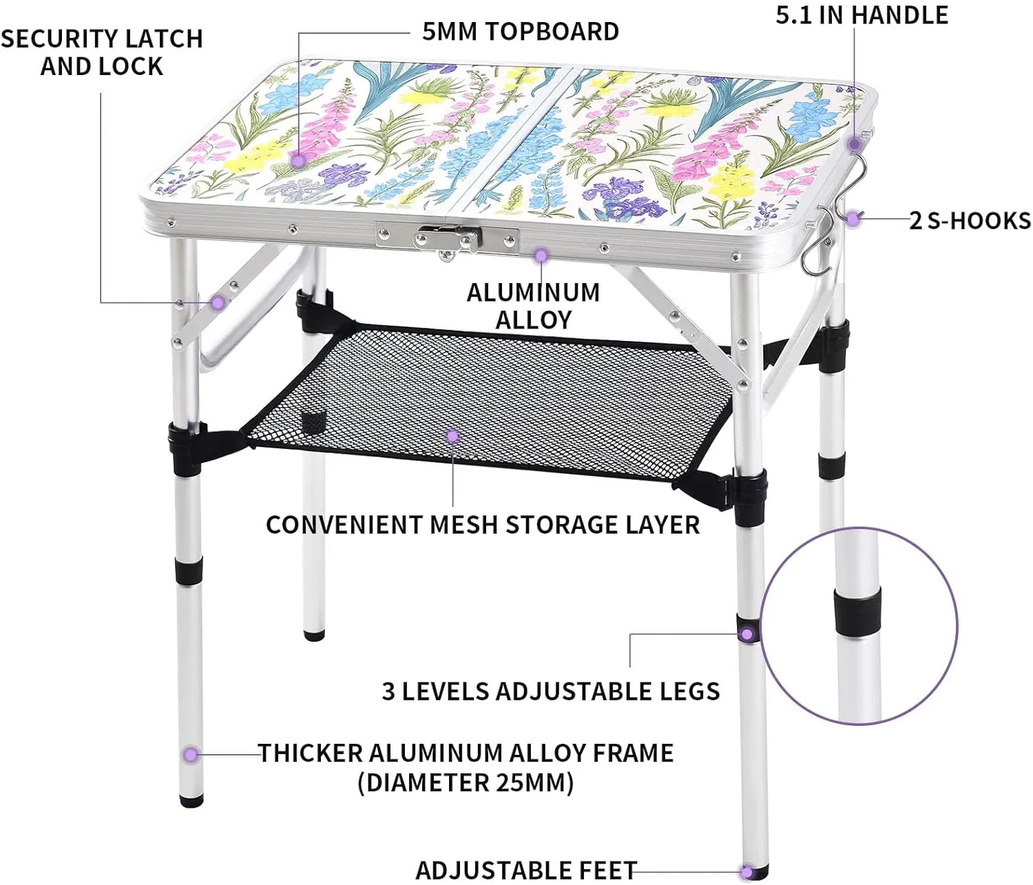 Folding Camping Table 2ft Portable Pinic Table Adjustable Height Small Card Table Aluminum Foldable Lightweight with Carry Handle for Outdoor Indoor Hiking Camp BBQ Beach (Blooming Floral)