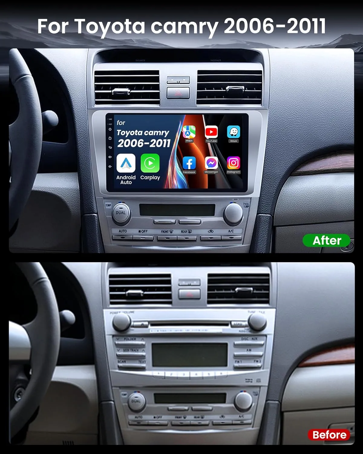 For Toyota Camry 2007-2011 Car Stereo – 10” Android Touchscreen Head Unit with 4 32GB, 5G WiFi, Wireless CarPlay & Android Auto, GPS Navigation, Bluetooth, RDS, FM Radio, Mirror Link, Backup Camera Su