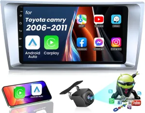 For Toyota Camry 2007-2011 Car Stereo – 10” Android Touchscreen Head Unit with 4 32GB, 5G WiFi, Wireless CarPlay & Android Auto, GPS Navigation, Bluetooth, RDS, FM Radio, Mirror Link, Backup Camera Su