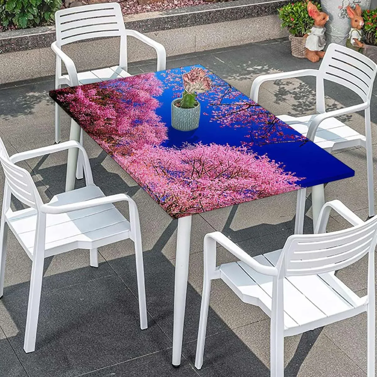 Fuchsia Blue Elastic Fitted Tablecloths, Clear Sky Sunny Day View Country Garden Picnic Table Tablecloth Covers Set for Picnics Indoor and Outdoor Dining Cherry Fits up 4 Foot Tables