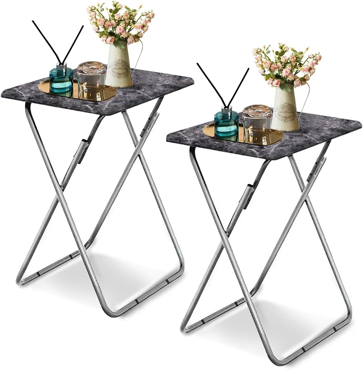 Garden 4 you Folding TV Tray Table,TV Dinner Table with Sturdy MDF Top,Eating Trays for Living Room with No Assembly Required, 2PCS (Black Marble)