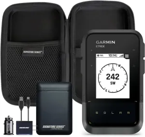 Garmin eTrex Solar Powered GPS Handheld Navigator | Unlimited Solar Charging, Bright Screen, Multi-Band GNSS, Digital Compass, Geochaching, for Hiking | with Signature Series Power Bundle