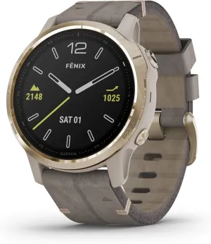 Garmin Fenix 6S Sapphire, Premium Multisport GPS Watch, Smaller-Sized, features Mapping, Music, Grade-Adjusted Pace Guidance and Pulse Ox Sensors, Light Gold with Gray Leather Band (Renewed)