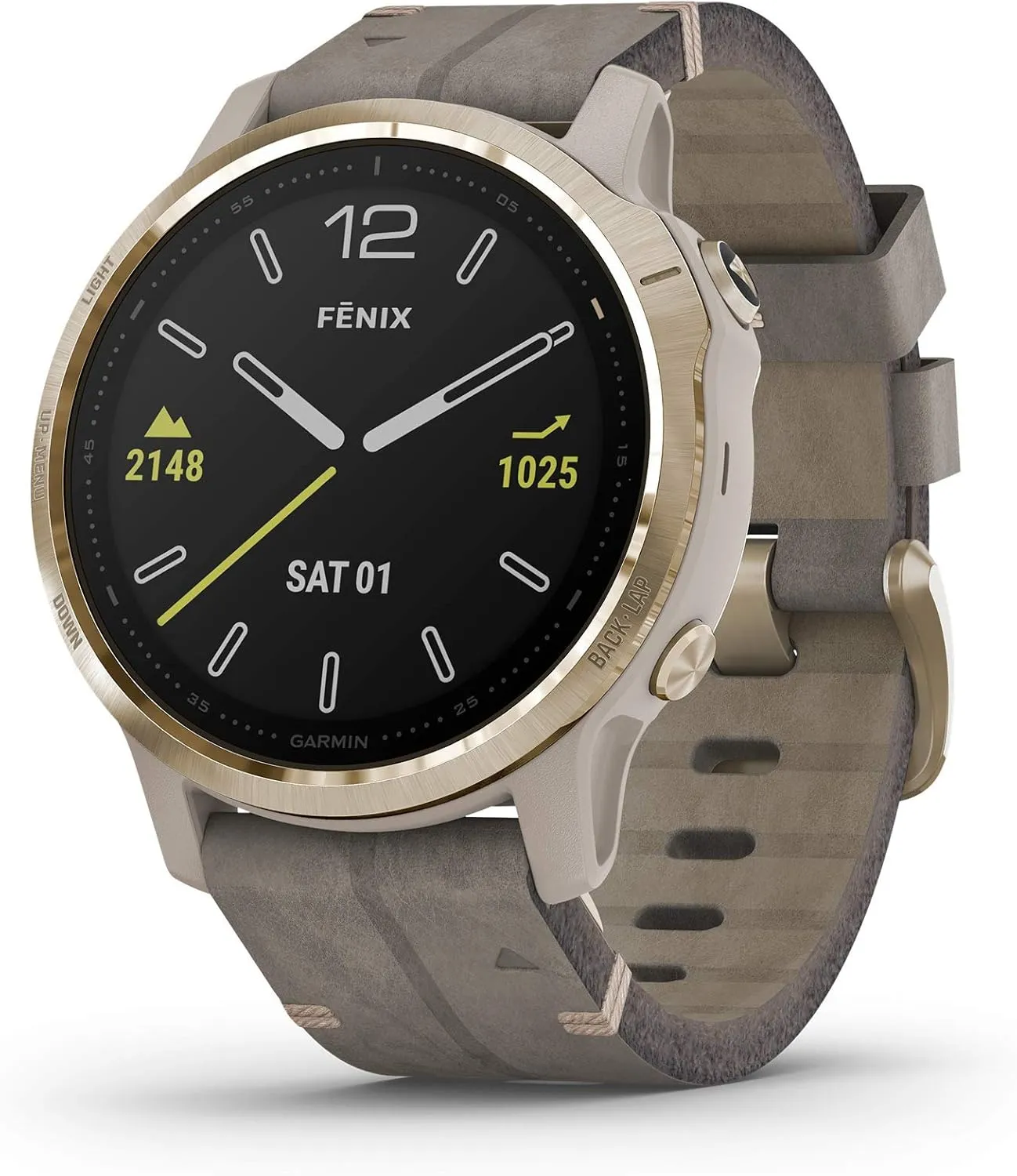 Garmin Fenix 6S Sapphire, Premium Multisport GPS Watch, Smaller-Sized, features Mapping, Music, Grade-Adjusted Pace Guidance and Pulse Ox Sensors, Light Gold with Gray Leather Band (Renewed)