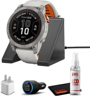 Garmin Fenix 7 Pro Solar, Sapphire, Titanium, Fog Gray/Ember Orange High Performance Smartwatch, Advanced Training Technology with Charging Stand, Car & Wall Adapters and Cleaning Kit