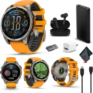 Garmin Fenix 8 47MM AMOLED Sapphire Premium Multisport GPS Smartwatch Titanium with Spark Orange/Graphite Silicone Band, Built-in LED Flashlight, Fitness & Health Smart Watch Bundle for Men & Women