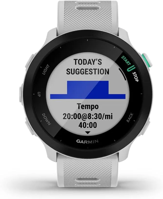 Garmin Forerunner 55, GPS Running Watch with Daily Suggested Workouts, Up to 2 weeks of Battery Life, White