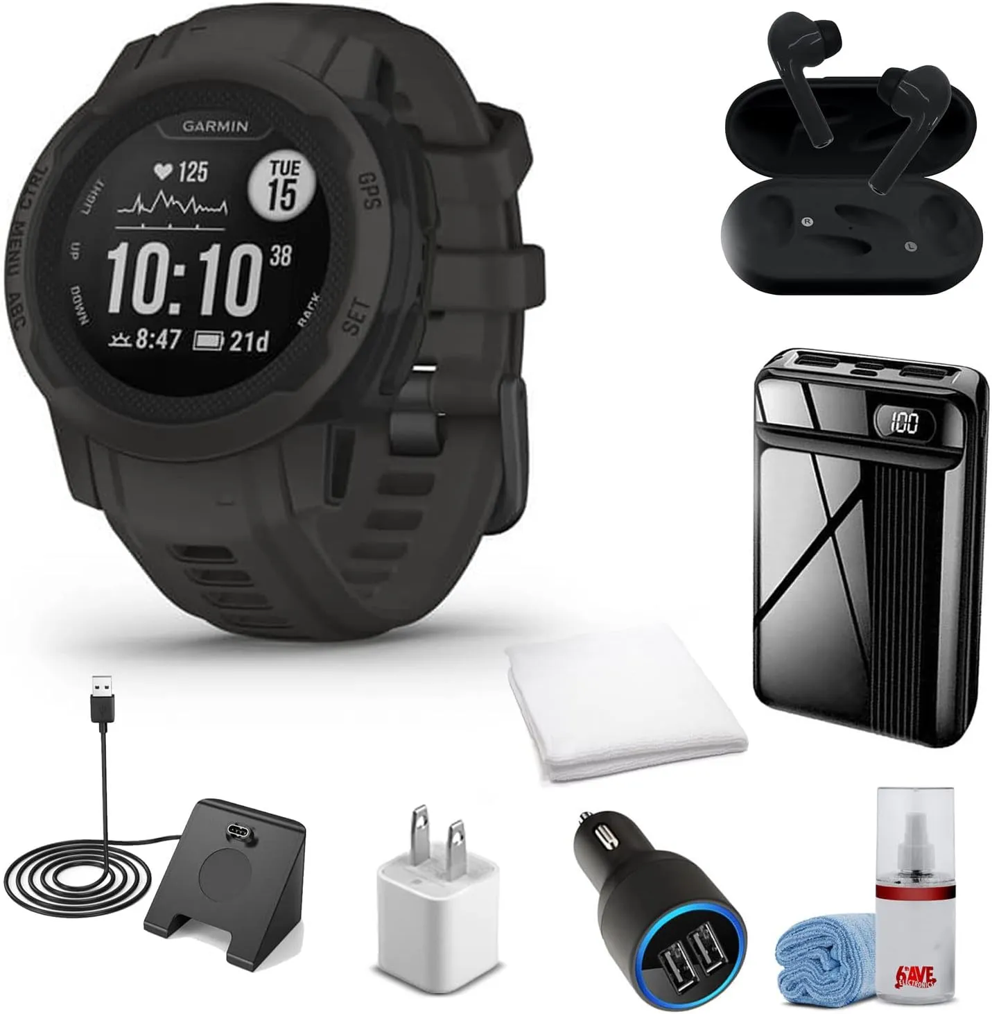 Garmin Instinct 2S Standard Edition Smart Watch Graphite   Wireless Headphones   Watch Charging Stand   USB Car/Wall Adapter   6Ave Cleaning Kit   Workout Towel (010-02563-10)
