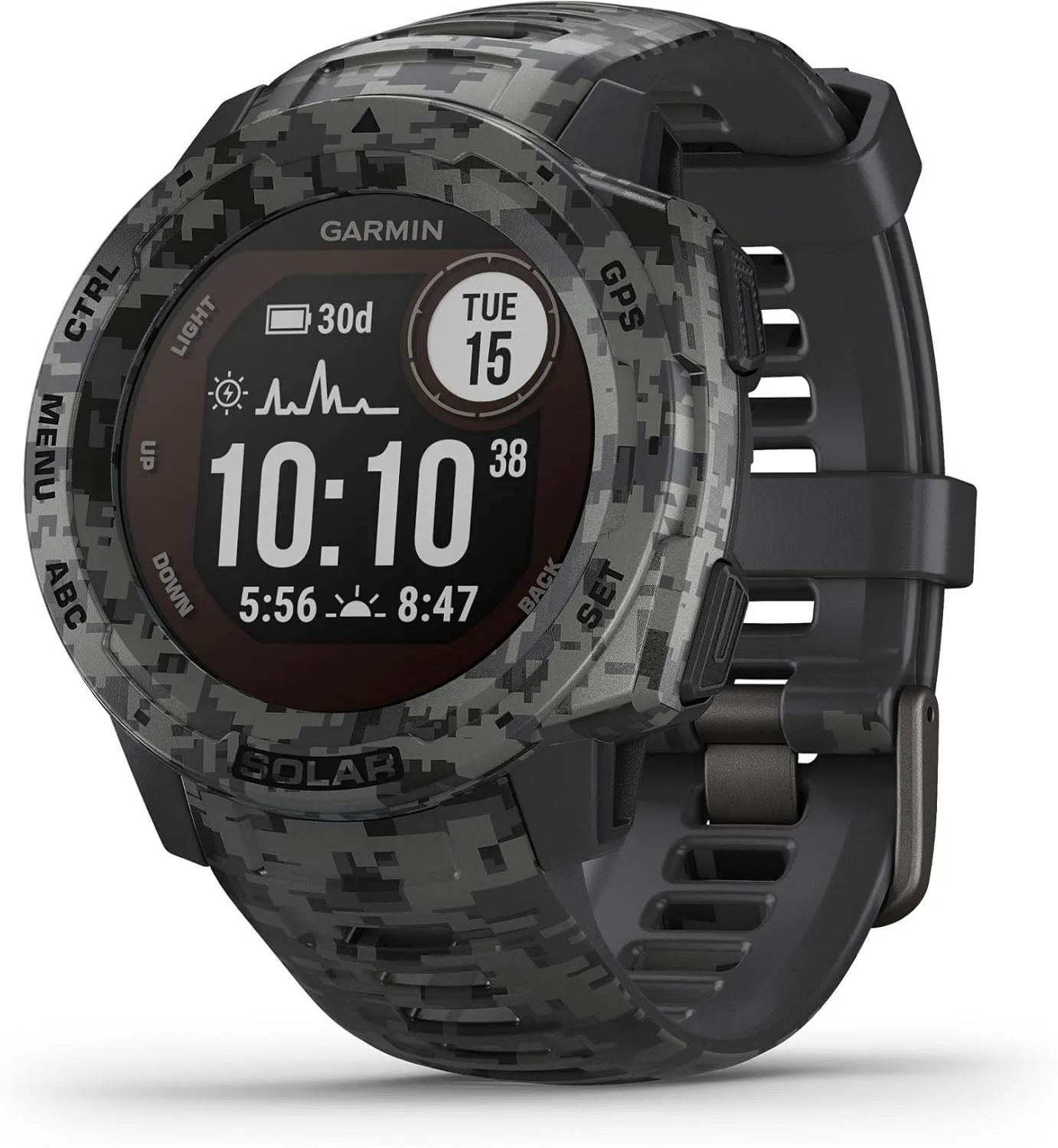 Garmin Instinct Solar, Solar-Powered Rugged Outdoor Smartwatch, Built-in Sports Apps and Health Monitoring, Graphite Camo (Renewed)