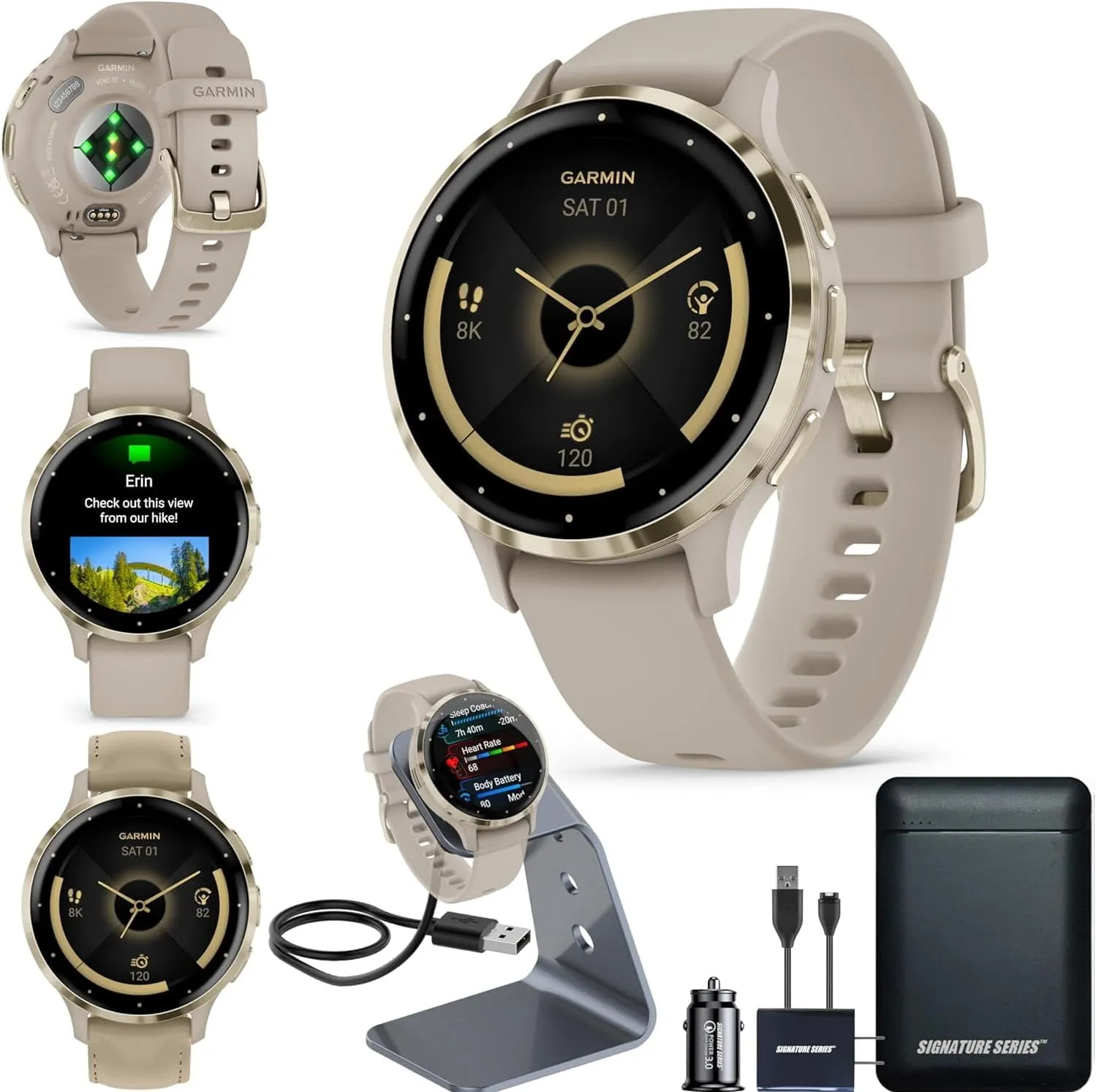 Garmin Venu 3S Running GPS Smartwatch with AMOLED Display, Advanced Health, Fitness Features, Up to 14 Day Battery Life with Signature Power Bundle | Soft Gold with French Gray Silicone Band