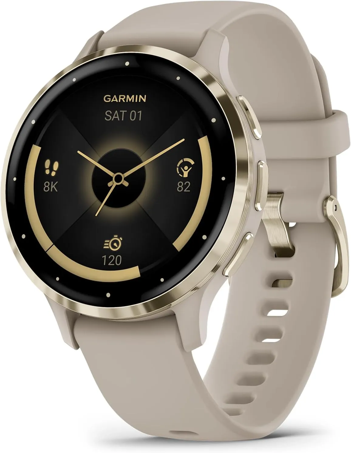 Garmin Venu 3S Running GPS Smartwatch with AMOLED Display, Advanced Health, Fitness Features, Up to 14 Day Battery Life with Signature Power Bundle | Soft Gold with French Gray Silicone Band