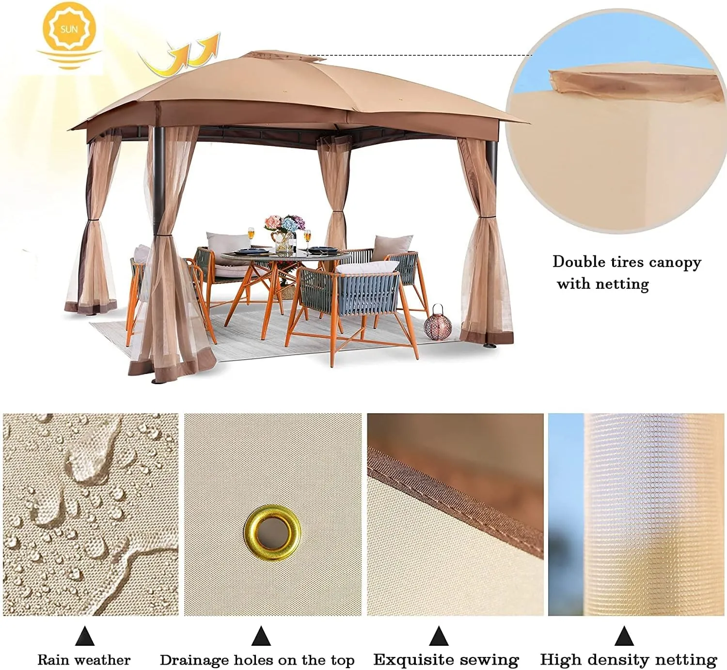 Gazebo for Patio, FAB BASED 10x12 Gazebo, Double Vent Canopy Gazebos, Outdoor Gazebos with Privacy Netting, Easy Setup Patio Pavilion with Steel Frame Strong Legs for Lawn, Backyard, and Deck(Khaki)