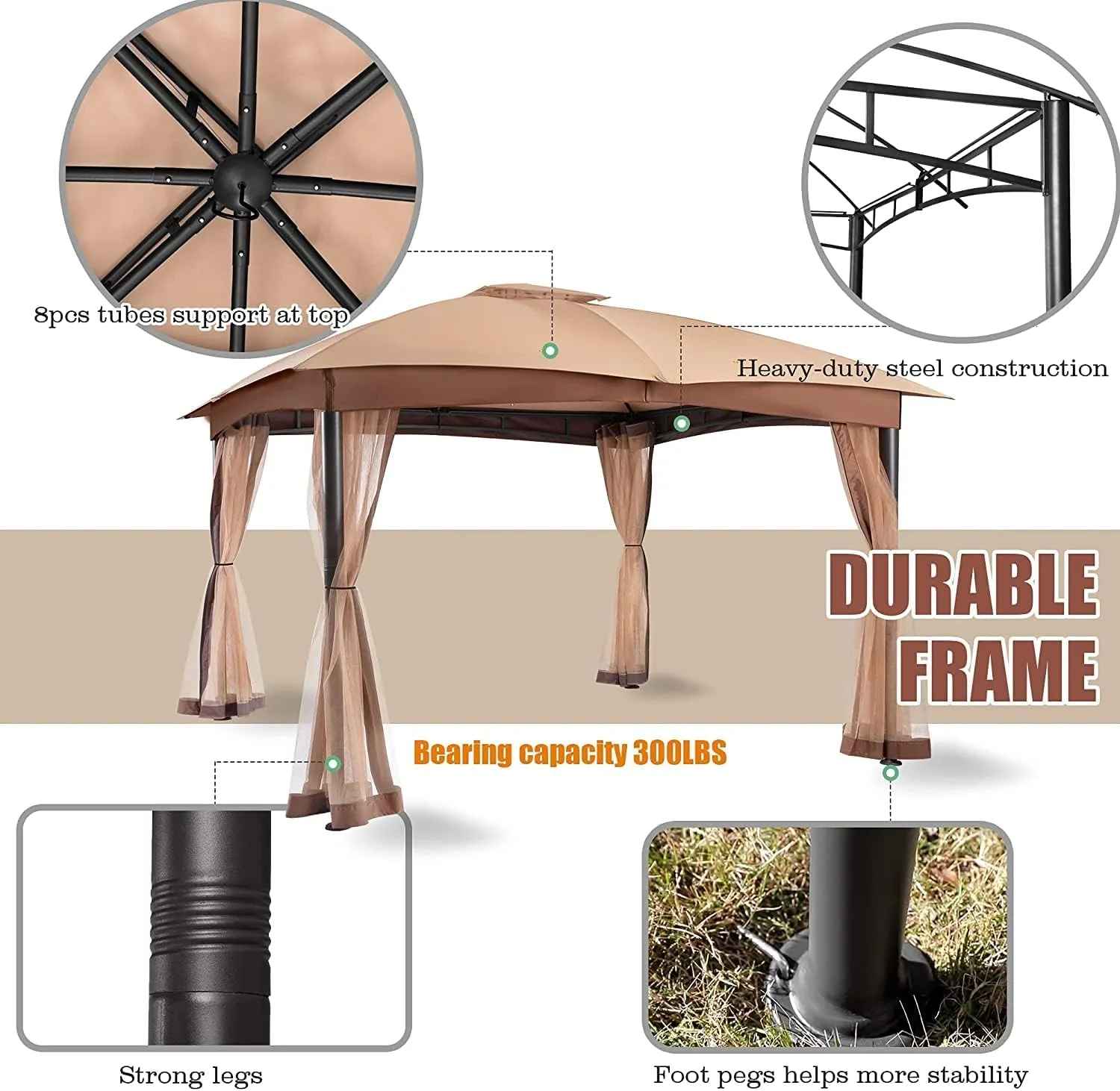 Gazebo for Patio, FAB BASED 10x12 Gazebo, Double Vent Canopy Gazebos, Outdoor Gazebos with Privacy Netting, Easy Setup Patio Pavilion with Steel Frame Strong Legs for Lawn, Backyard, and Deck(Khaki)