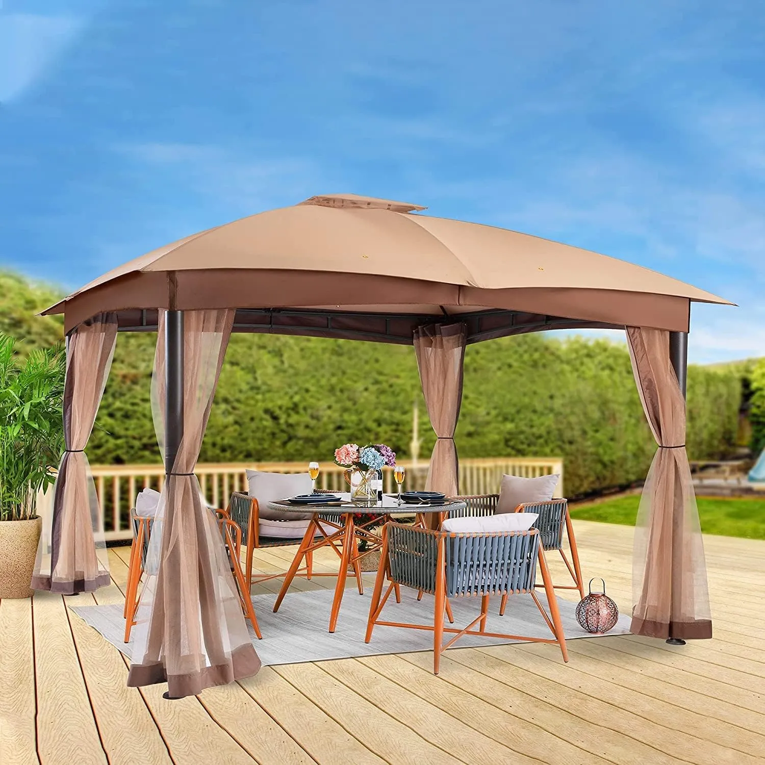 Gazebo for Patio, FAB BASED 10x12 Gazebo, Double Vent Canopy Gazebos, Outdoor Gazebos with Privacy Netting, Easy Setup Patio Pavilion with Steel Frame Strong Legs for Lawn, Backyard, and Deck(Khaki)