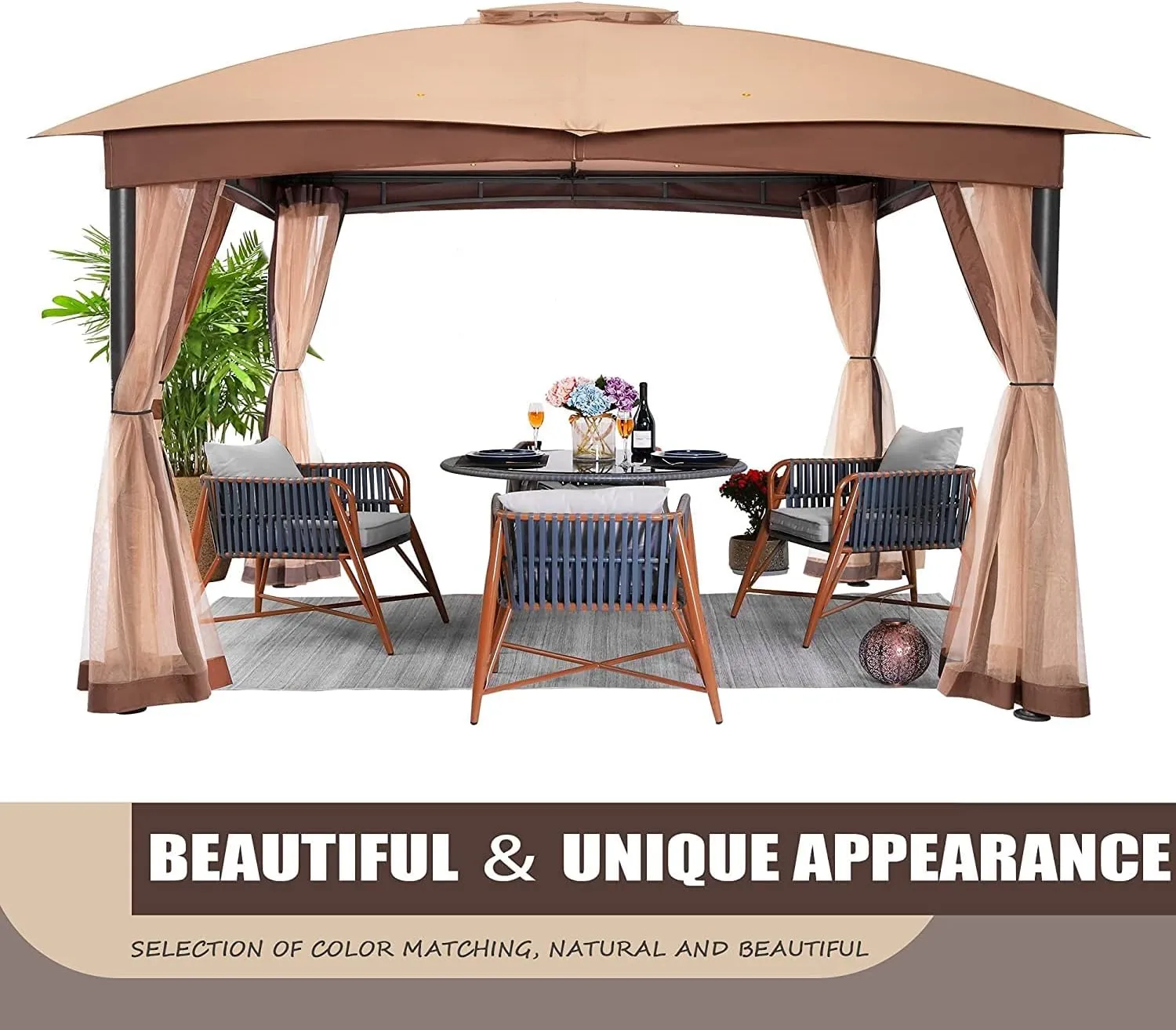 Gazebo for Patio, FAB BASED 10x12 Gazebo, Double Vent Canopy Gazebos, Outdoor Gazebos with Privacy Netting, Easy Setup Patio Pavilion with Steel Frame Strong Legs for Lawn, Backyard, and Deck(Khaki)