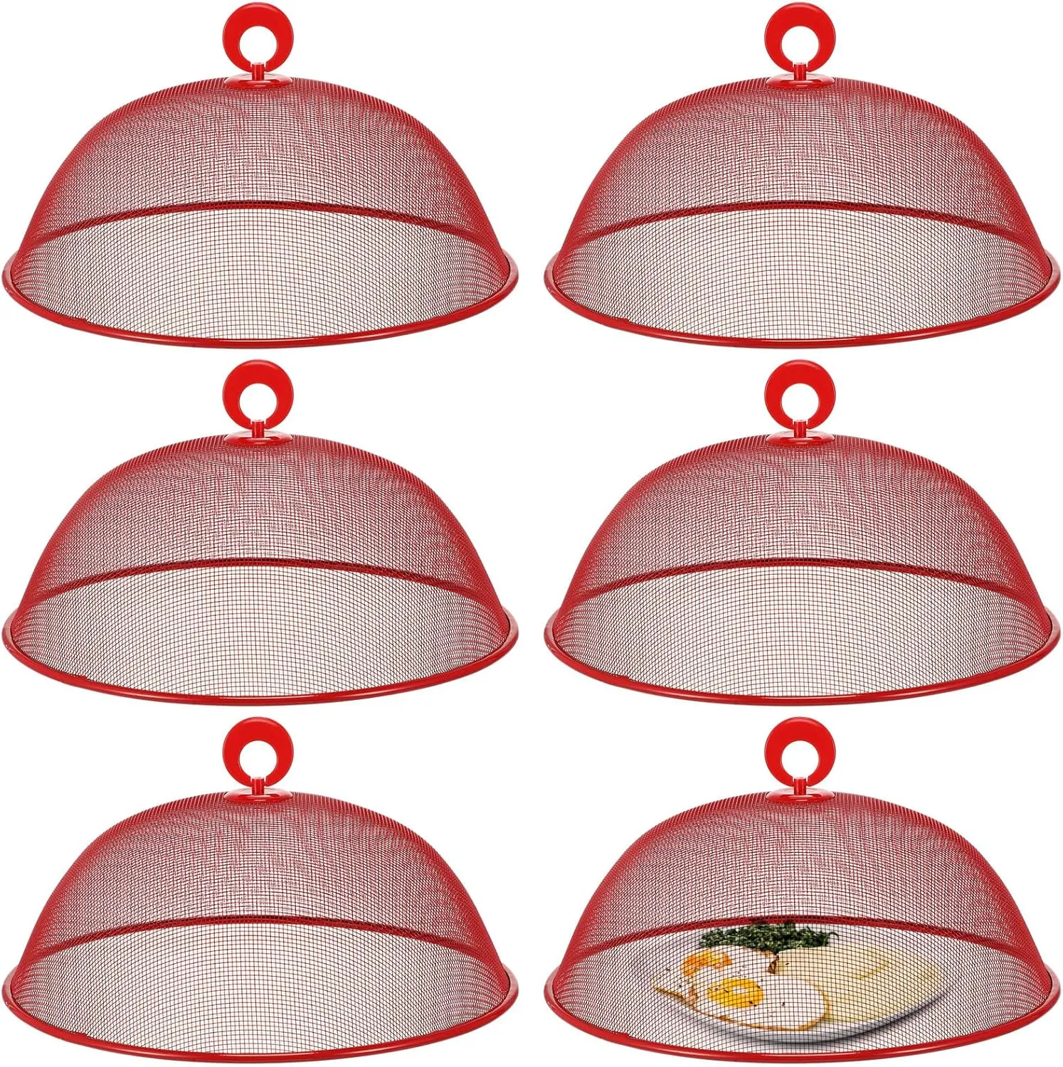Gerrii 6 Pcs Metal Mesh Food Cover Outdoor Mesh Food Tents Dome Screen Plate Covers for Dinner Plates Reusable Fruit Fly Nets Picnic Food Umbrella for Table, BBQ, Camping, Party (Red,11 Inch)