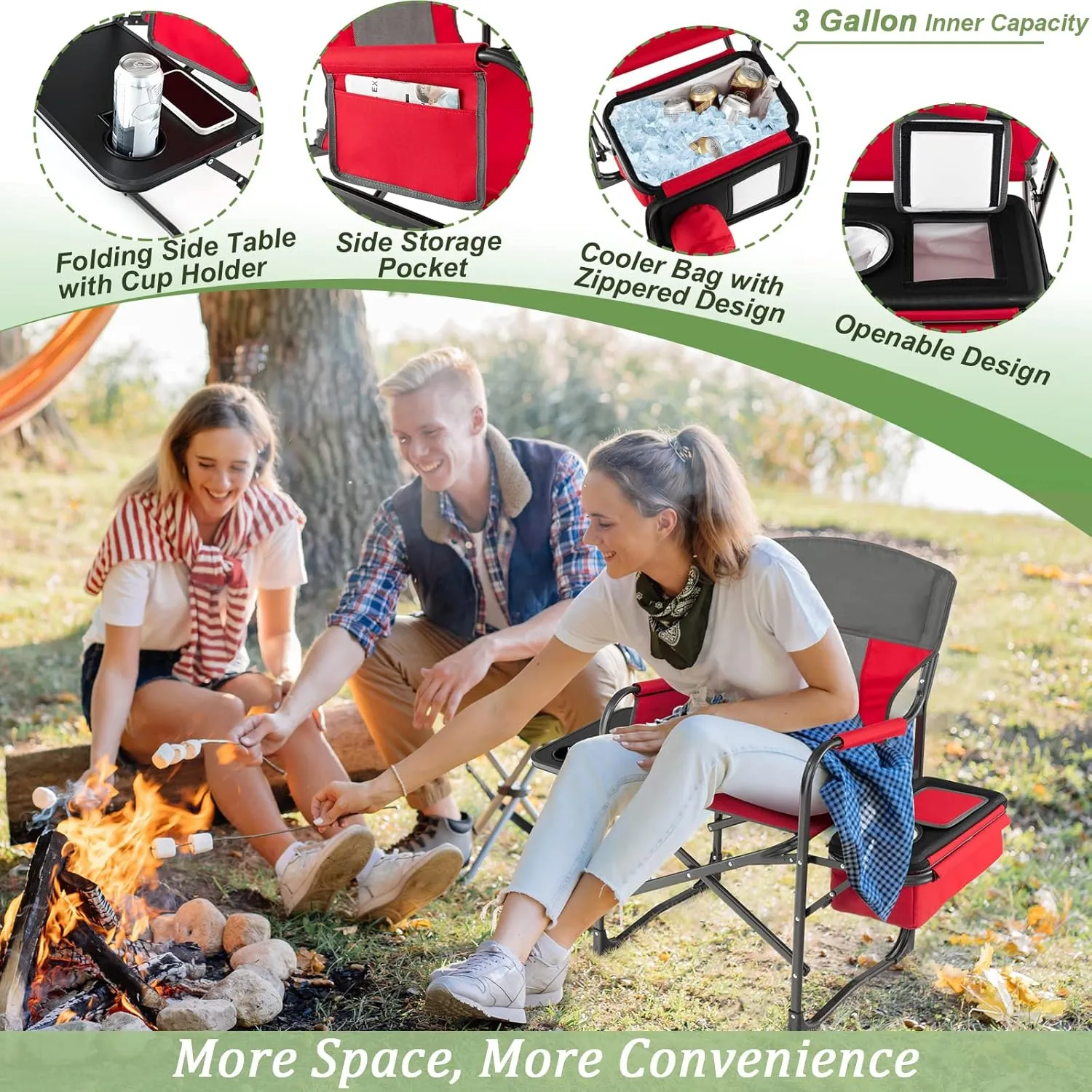 Giantex Camping Chair with Side Table, Storage Pocket, Cooler Bag, Shoulder Strap, Handle, Support 400 Lbs Folding Directors Chair for Artist Makeup Lawn Fishing Picnic, Red
