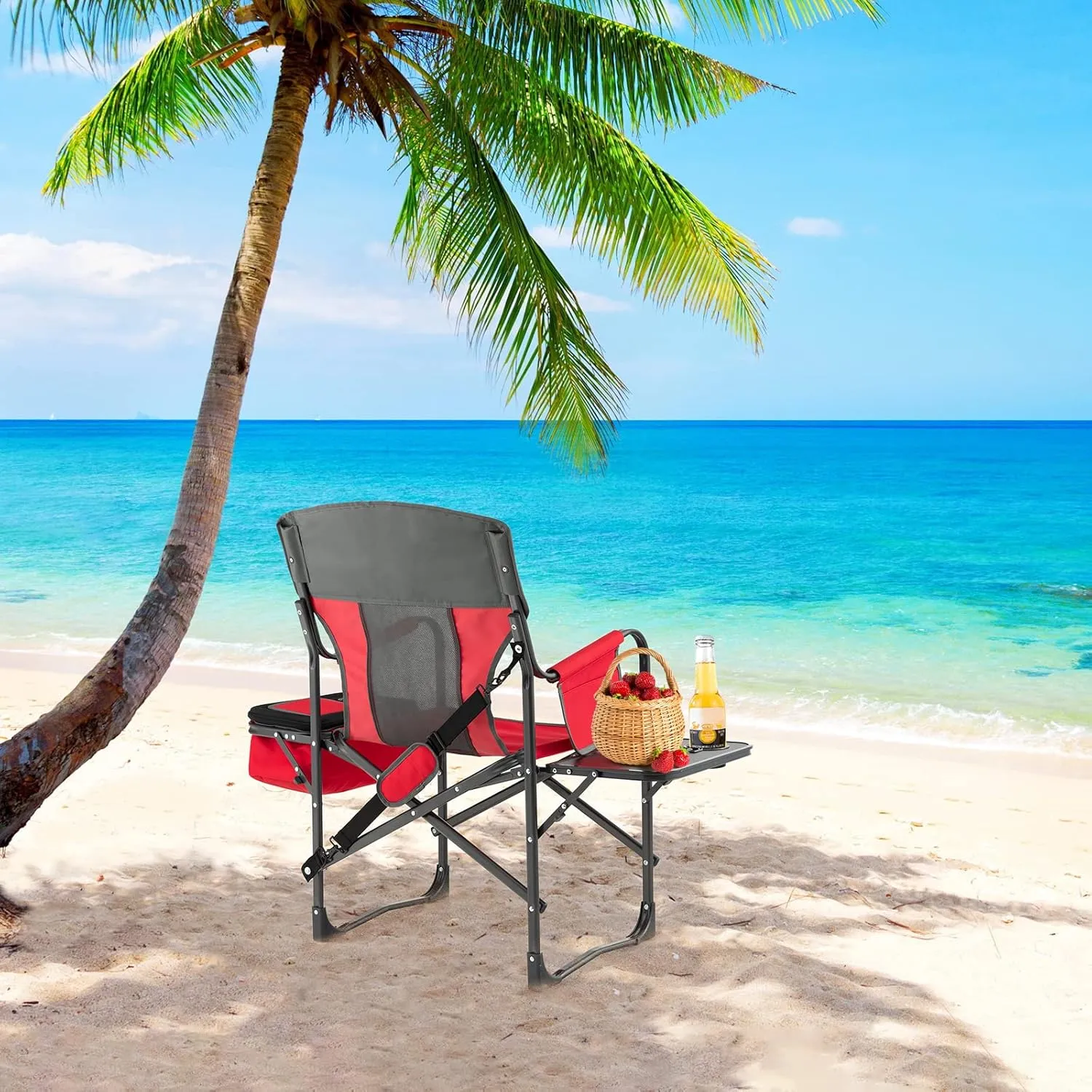 Giantex Camping Chair with Side Table, Storage Pocket, Cooler Bag, Shoulder Strap, Handle, Support 400 Lbs Folding Directors Chair for Artist Makeup Lawn Fishing Picnic, Red