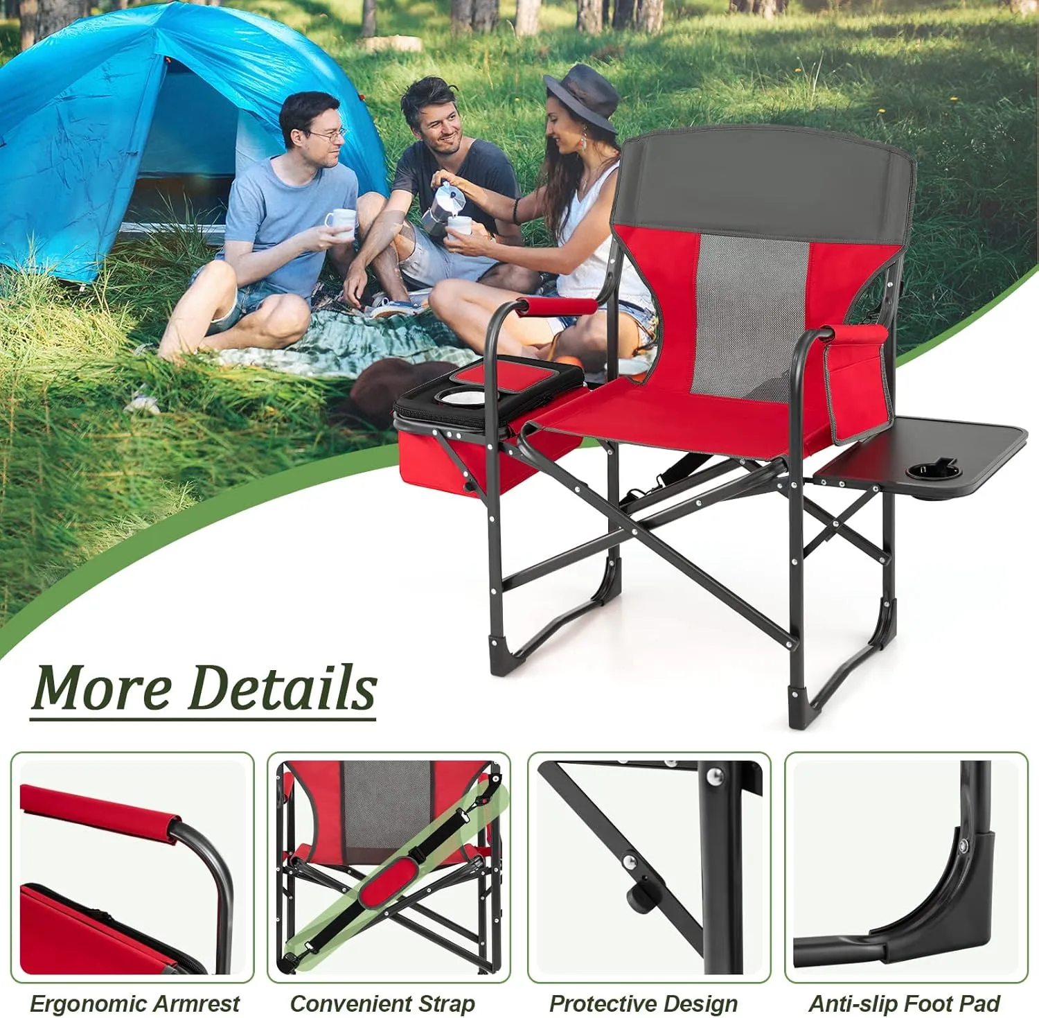 Giantex Camping Chair with Side Table, Storage Pocket, Cooler Bag, Shoulder Strap, Handle, Support 400 Lbs Folding Directors Chair for Artist Makeup Lawn Fishing Picnic, Red