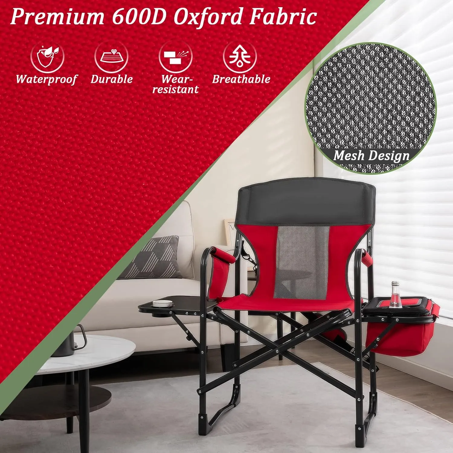 Giantex Camping Chair with Side Table, Storage Pocket, Cooler Bag, Shoulder Strap, Handle, Support 400 Lbs Folding Directors Chair for Artist Makeup Lawn Fishing Picnic, Red