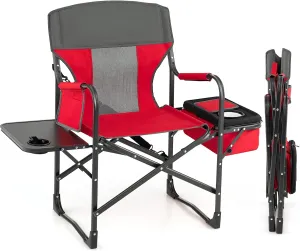 Giantex Camping Chair with Side Table, Storage Pocket, Cooler Bag, Shoulder Strap, Handle, Support 400 Lbs Folding Directors Chair for Artist Makeup Lawn Fishing Picnic, Red