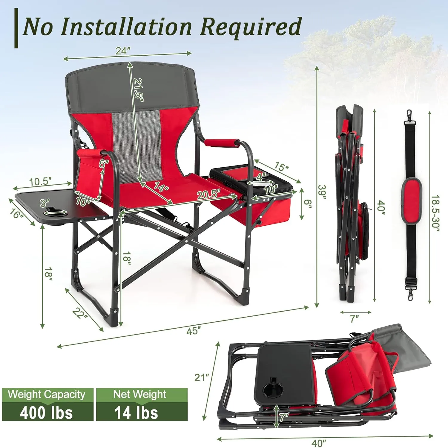 Giantex Camping Chair with Side Table, Storage Pocket, Cooler Bag, Shoulder Strap, Handle, Support 400 Lbs Folding Directors Chair for Artist Makeup Lawn Fishing Picnic, Red