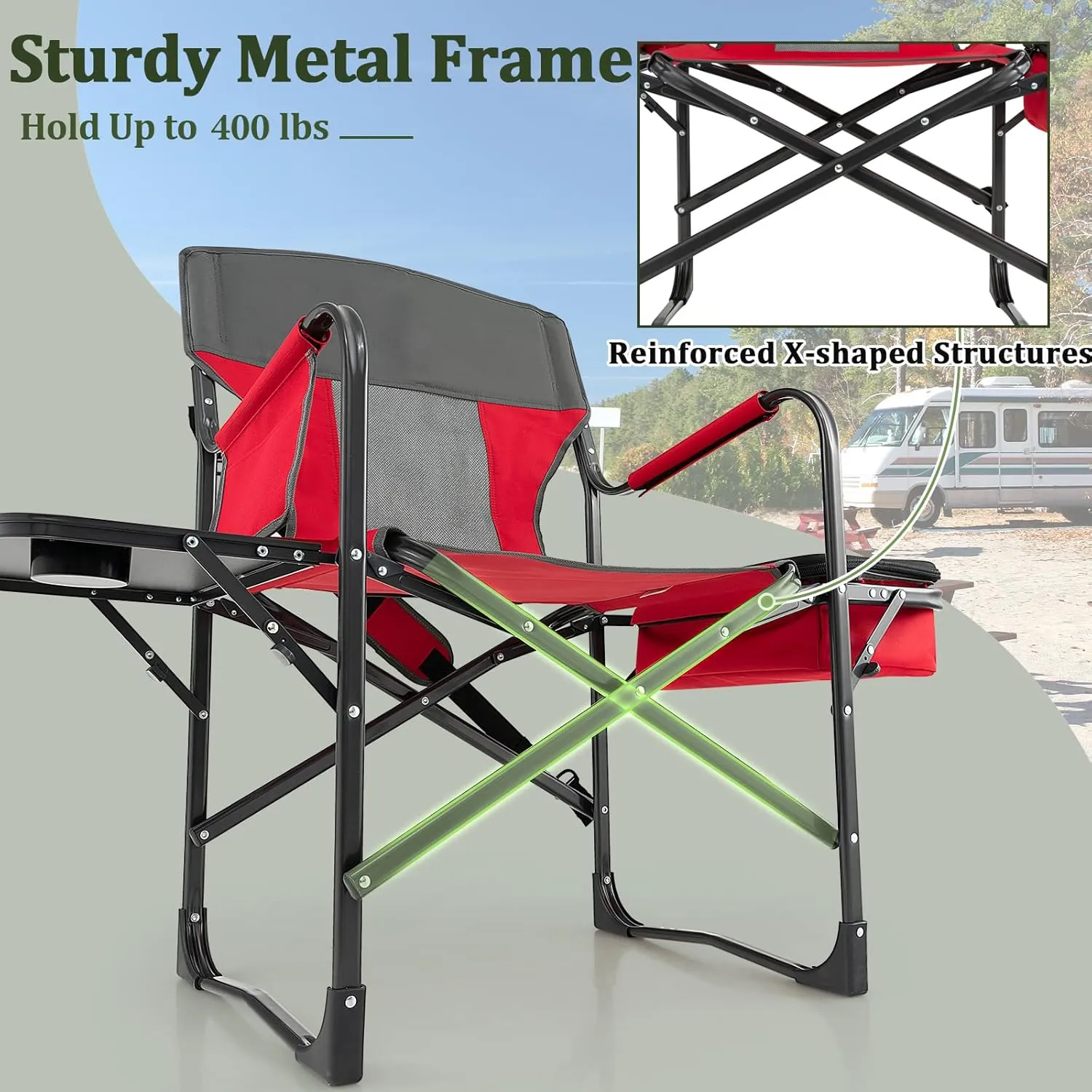 Giantex Camping Chair with Side Table, Storage Pocket, Cooler Bag, Shoulder Strap, Handle, Support 400 Lbs Folding Directors Chair for Artist Makeup Lawn Fishing Picnic, Red