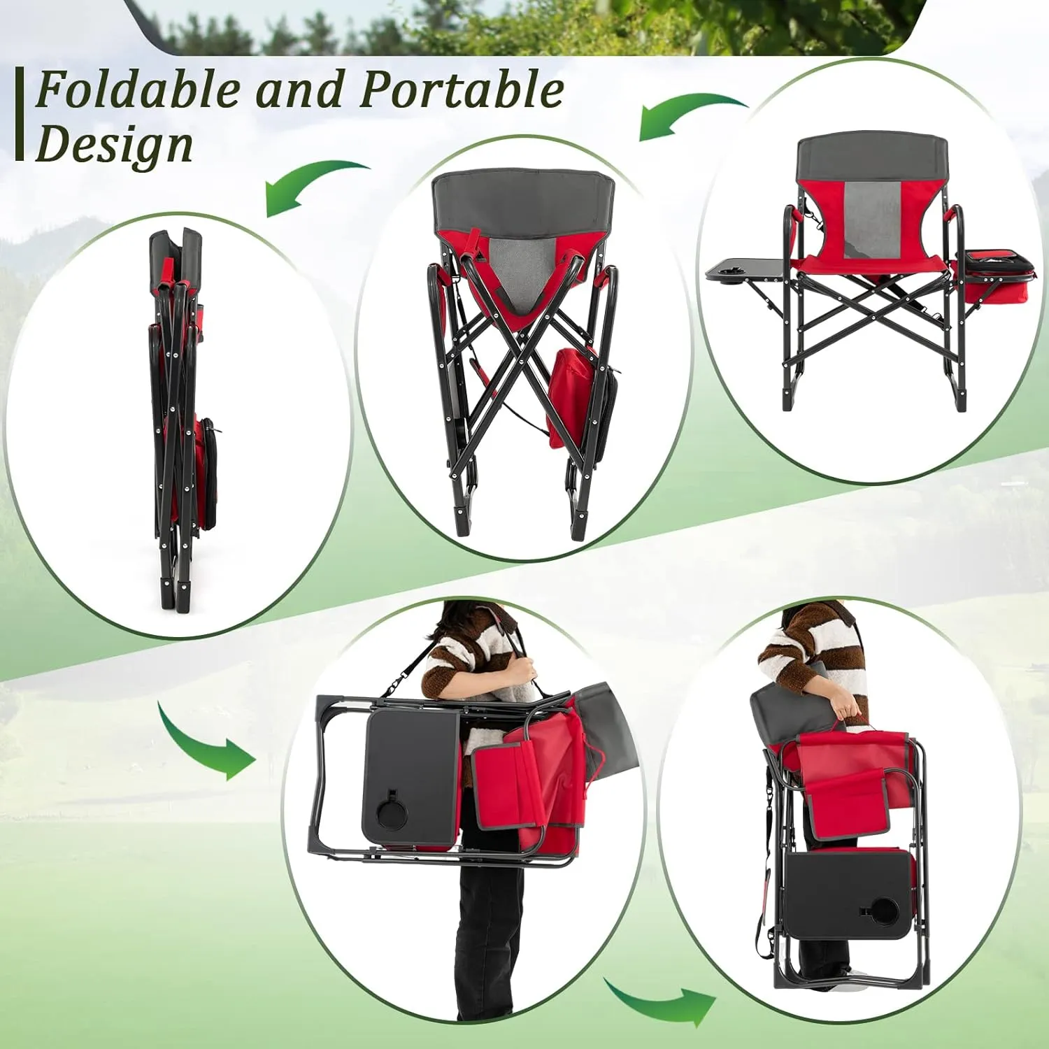 Giantex Camping Chair with Side Table, Storage Pocket, Cooler Bag, Shoulder Strap, Handle, Support 400 Lbs Folding Directors Chair for Artist Makeup Lawn Fishing Picnic, Red