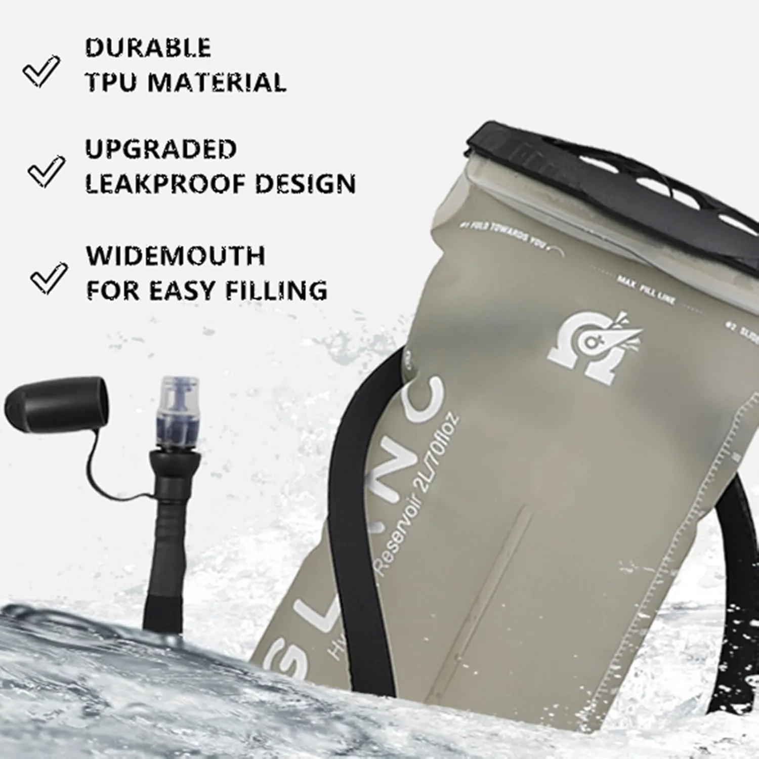 GLANC Hydration Bladder - 2L / 3L Water Bladder for Hiking Backpack, BPA Free Leakproof Water Reservoir for Hydration Pack, Insulated Hose & High Flow Bite Valve