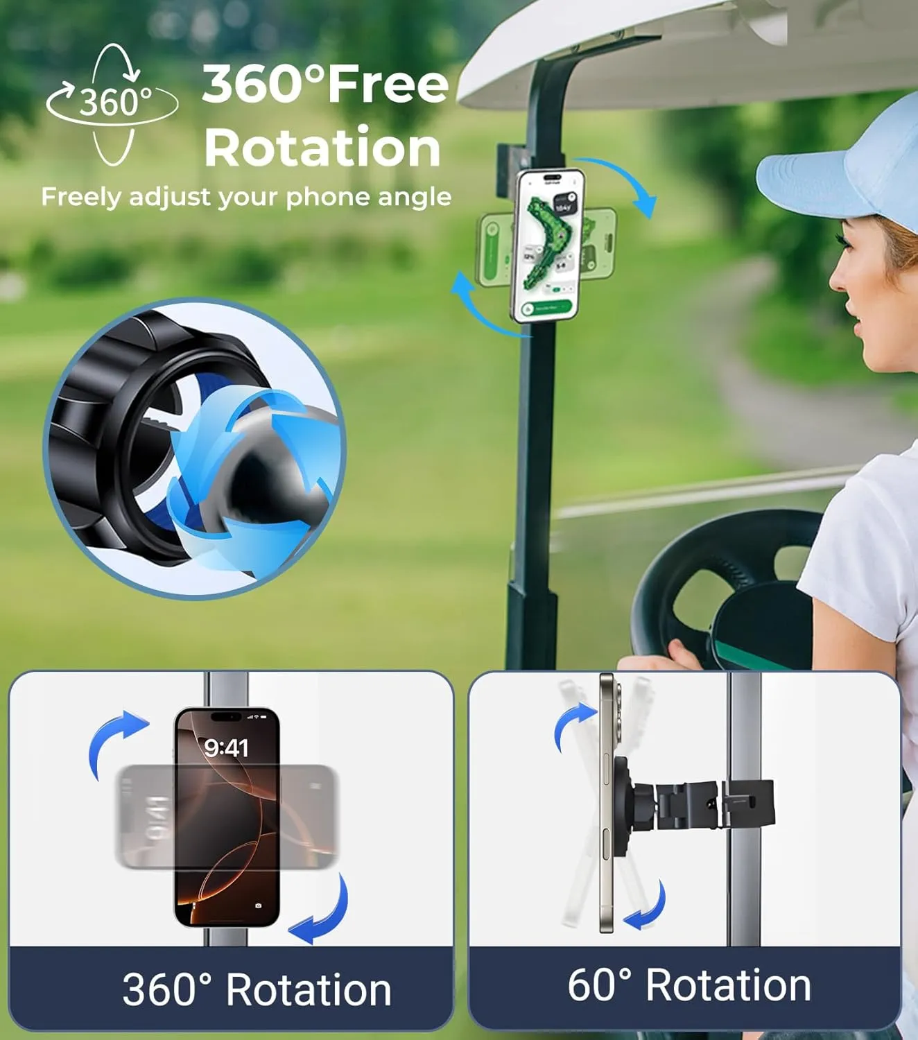 Golf Cart Magnetic Phone Holder Mount Compatible with EZGO/Club Car/Yamaha, Compatible with iPhone/Galaxy/Google Pixel, Ultra Strength Magnet/360° Rotatable/One-Handed Pick & Place