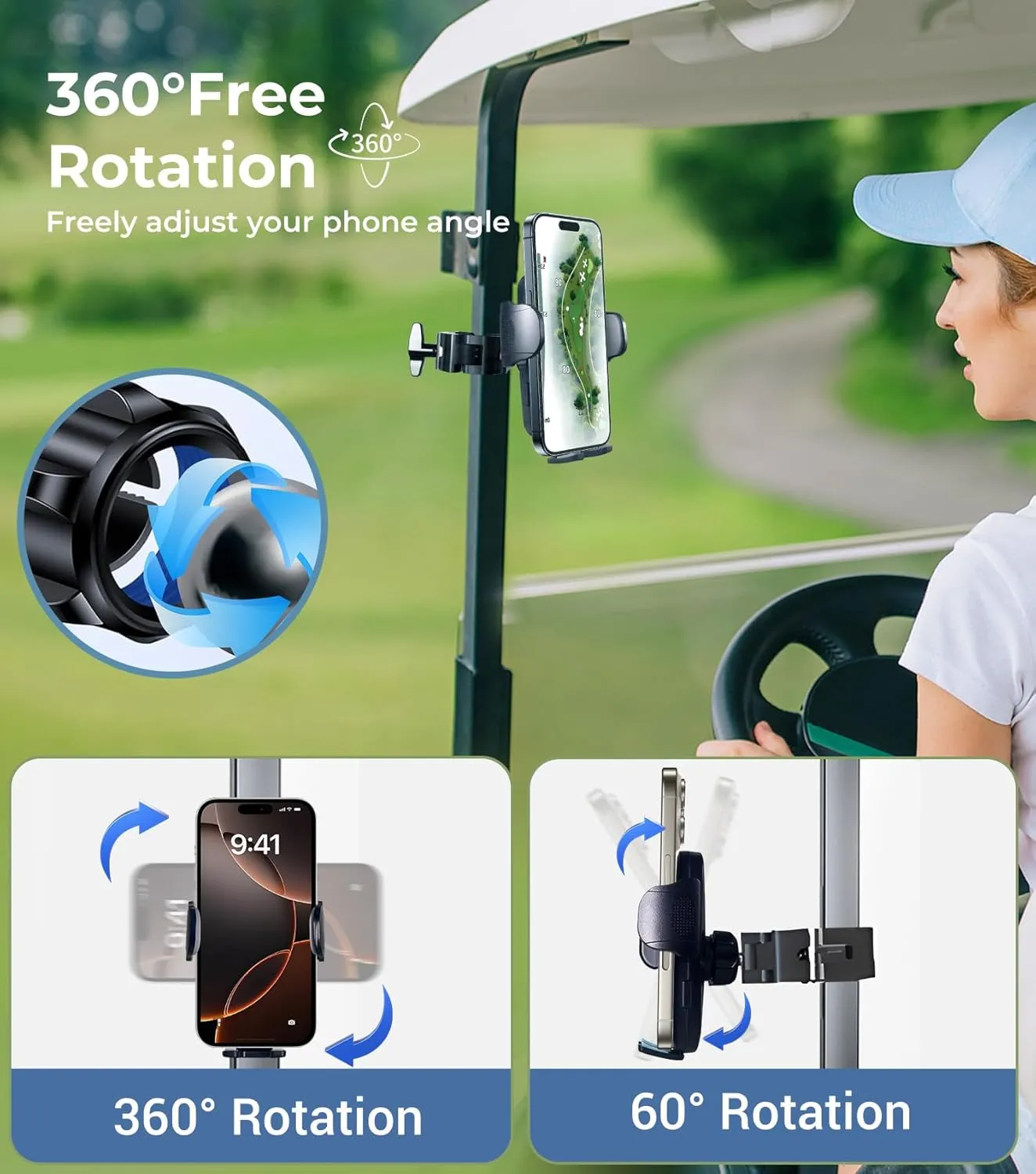 Golf Cart Phone Holder for EZGO/Club Car/Yamaha, Strong Alloy Clip, 360° Rotatable, Easy Access & Removal, Golf Caddy Mount for iPhone, Must-Have Golf Accessories