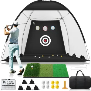 Golf Net, 10x7ft Practice Net with Foldable Tri-Turf Mat, All in 1 Golf Hitting Aid with Scoreboard & Target, Chipping Training Nets for Backyard Driving, Gifts for Men Dad Husband Boys