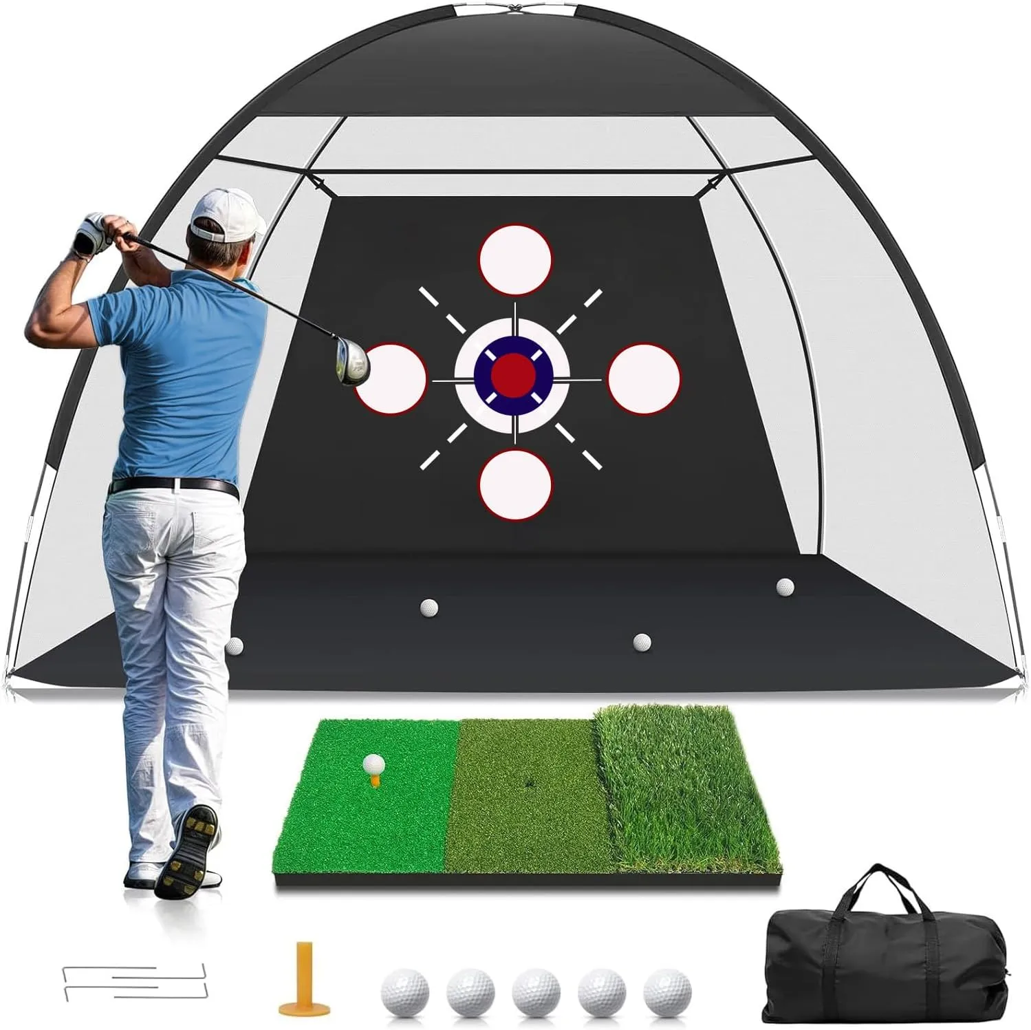 Golf Net with Practice Mat, 10x7FT Golf Hitting Aid Nets for Backyard Driving Chipping Training Swing Training with Target Mat Balls for Outdoor Indoor, Gifts for Men Dad Him and Golfer