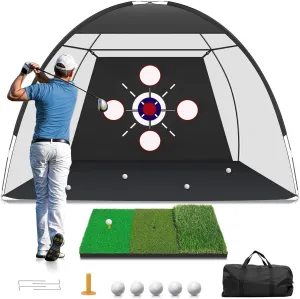Golf Net with Practice Mat, 10x7FT Golf Hitting Aid Nets for Backyard Driving Chipping Training Swing Training with Target Mat Balls for Outdoor Indoor, Gifts for Men Dad Him and Golfer
