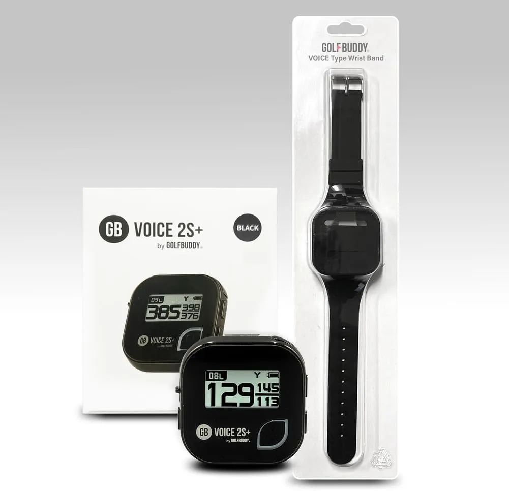 GolfBuddy Voice 2S  Talking GPS Rangefinder Bundle with Official GolfBuddy Wristband Black – Audio Distance to Front/Center/Back, 18-Hour Battery, Preloaded Courses, Wearable Golf GPS Watch Conversion
