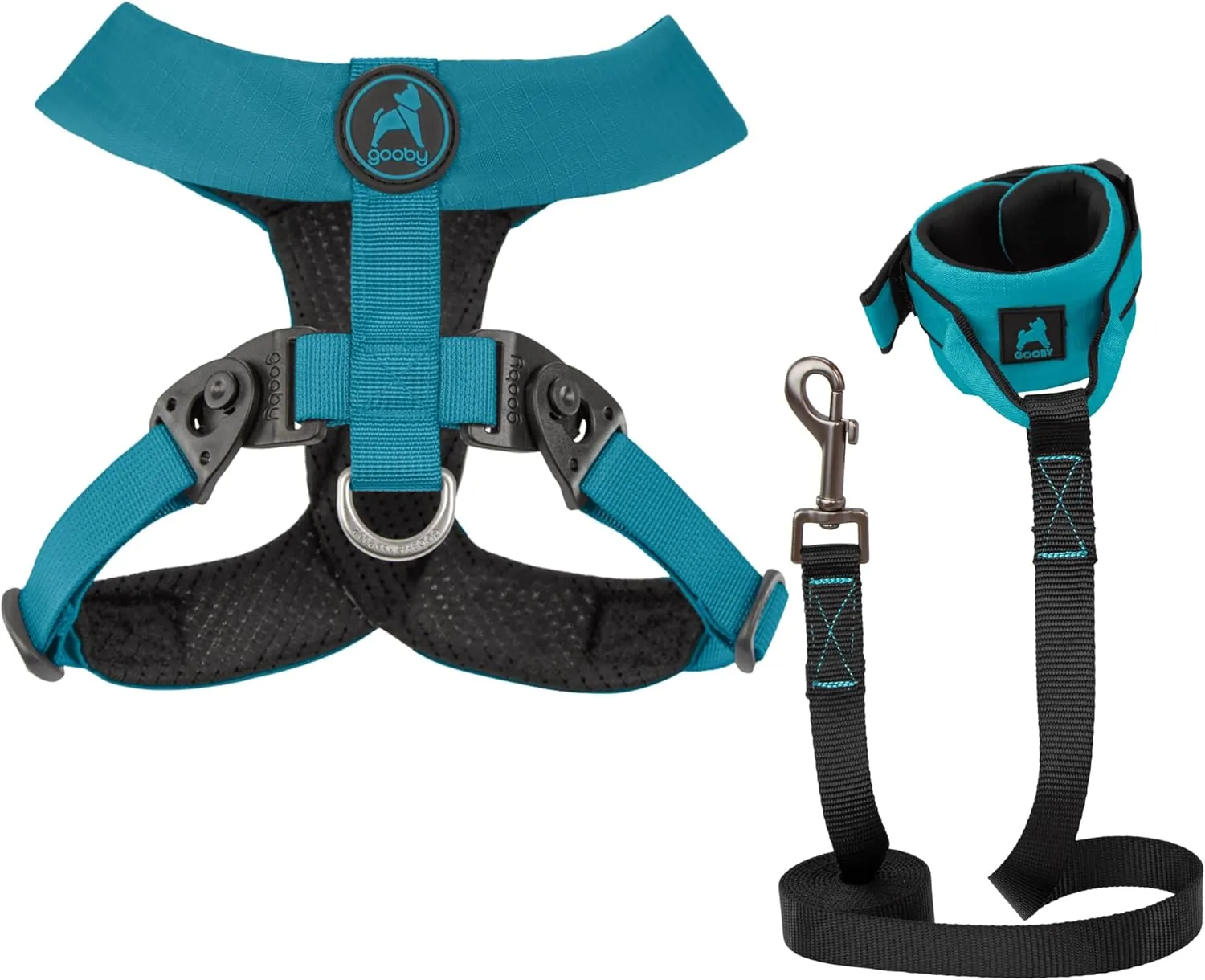 Gooby Comfort X Harness Dual Snap and Ripstop Z Wristband Surfer Leash Set-Turquoise, X-Large, 6FT-Choke Free X Frame Harness with Rotational Buckles and Nylon Handsfree Leash for Small and Medium Dog