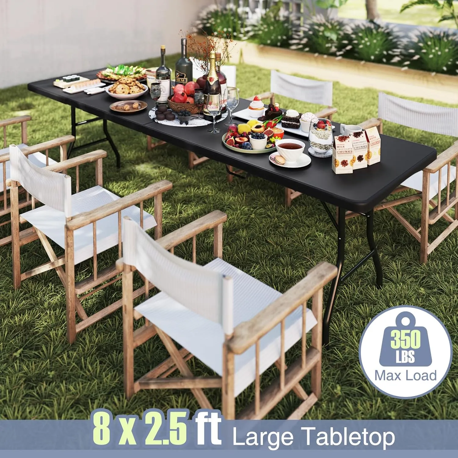 Goplus 8ft Plastic Folding Table, 350 LBS Outdoor Heavy Duty Folding Tables with HDPE Tabletop, Handle, Lock, Foldable Rectangle Portable Utility Card Table for Picnic, Party, Camping, Dining
