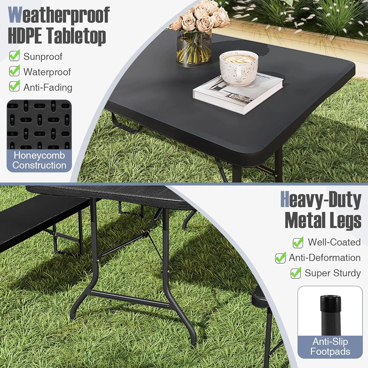 Goplus 8ft Plastic Folding Table, 350 LBS Outdoor Heavy Duty Folding Tables with HDPE Tabletop, Handle, Lock, Foldable Rectangle Portable Utility Card Table for Picnic, Party, Camping, Dining