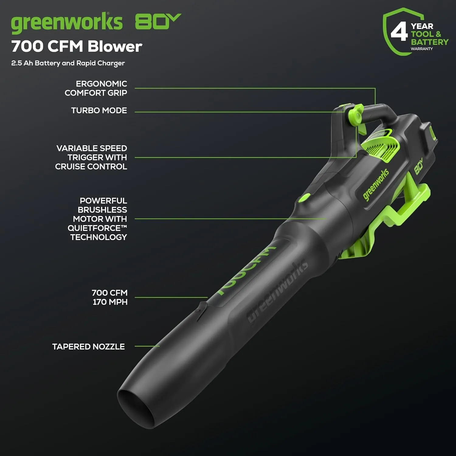 Greenworks 80V 700 CFM Cordless Leaf Blower - Commercial-Grade Power, 45-Min Rapid Charger for Wet Leaves & Heavy Debris (Includes 2.5Ah Battery)