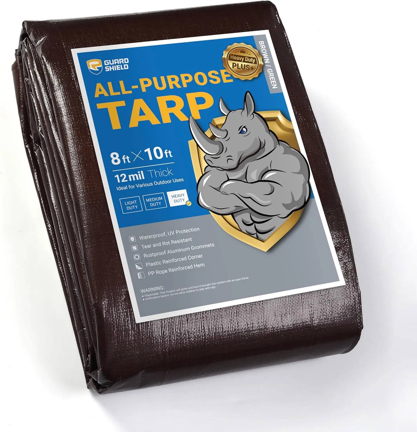 GUARD SHIELD Brown Tarp 8x10 Feet Large Plastic Tarps Heavy Duty Waterproof Outdoor Tarpaulin Cover 12mil