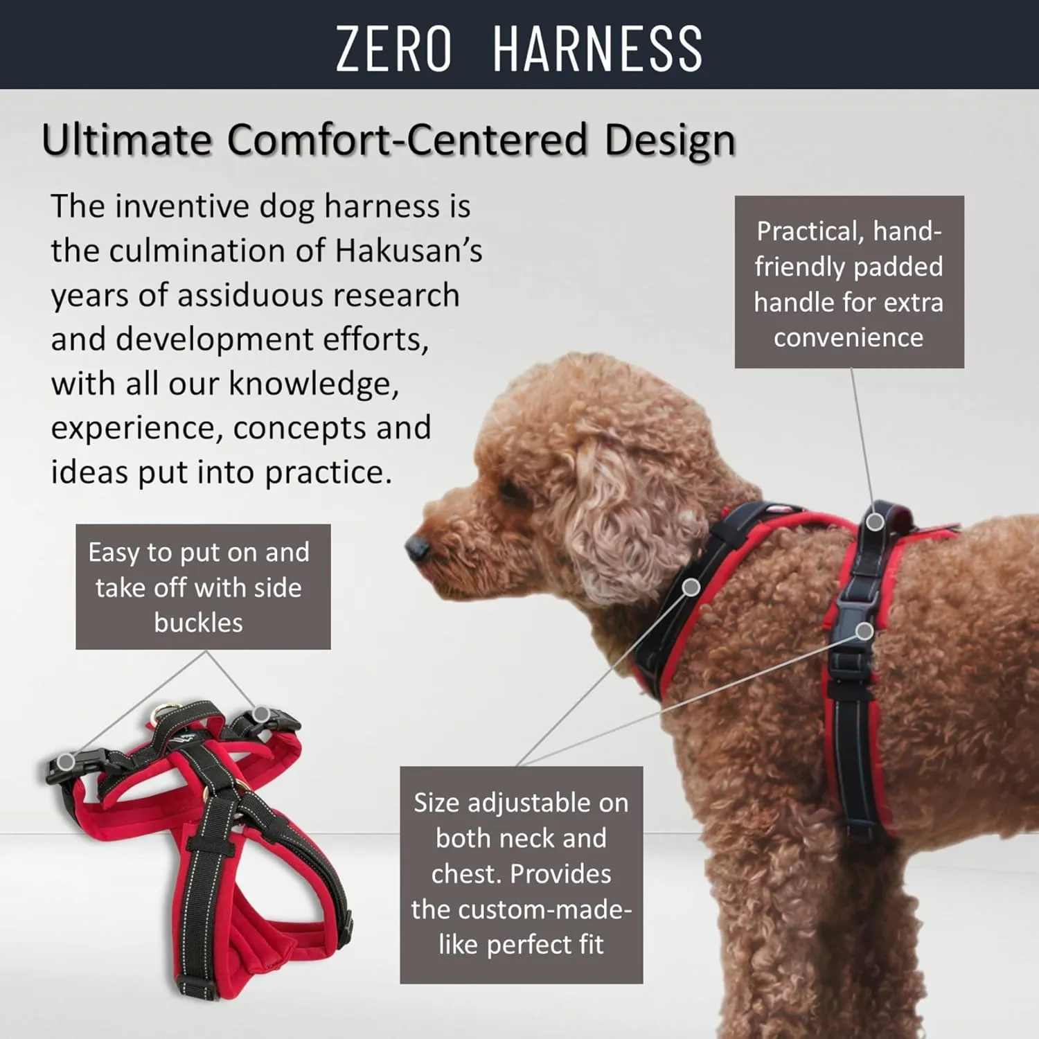 [白山:Hakusan] Zero Dog Harness Made by Japan, Safe - No chocking/Hard to Disconnect, Great fit - Easy Put on and Off/Adjustable, Reflector, Tiny - Small & Medium Dog, Two-Tone Red x Black