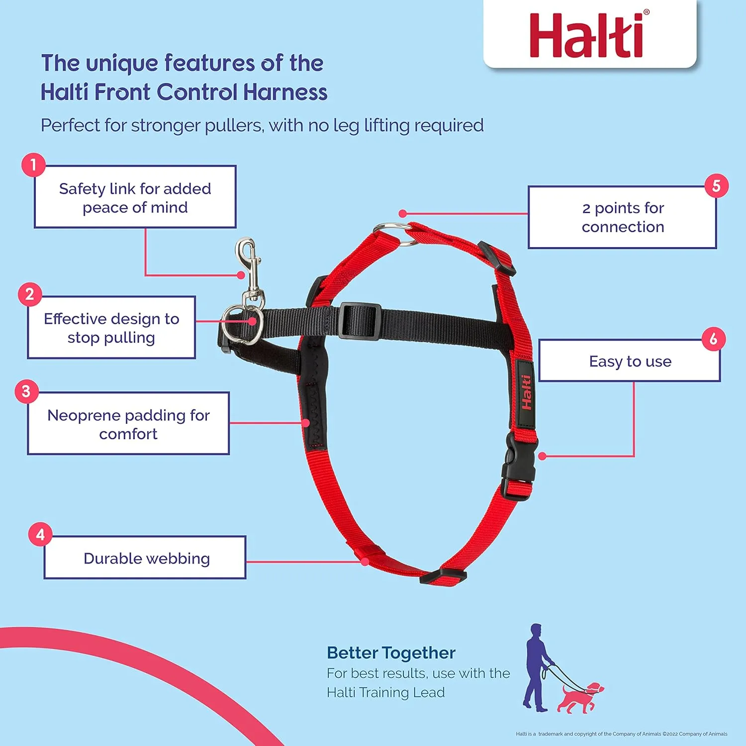 HALTI Front Control Harness Size Large & HALTI Training Leash Size Large, Black Combination Pack - Stop Your Dog Pulling on the Leash. Adjustable, Lightweight and Easy to Use. Suitable for Large Dogs