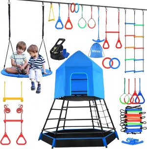 Hapfan Jungle Gym Bundle-Climbing Tower and 65ft Ninja Obstacle Course with Swing