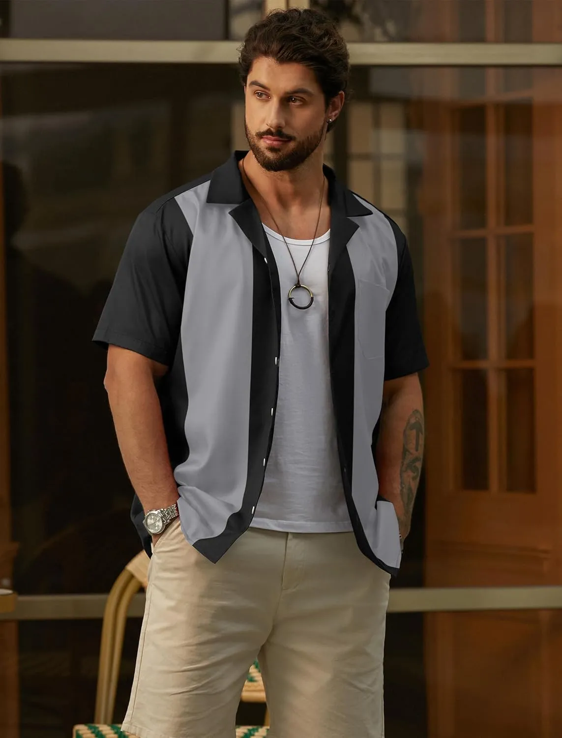 Hardaddy Men's Camp Collar Retro Vintage Bowling Button Down Shirt with Pocket Casual Short Sleeve Beach Shirts Summer