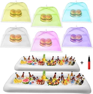 HBlife Inflatable Serving Bar & Food Umbrella Mesh Cover Screen Tent Set, Party Supplies Set for Picnics Pool Bar Outside, 2 Inflatable Tray, 6 Food Tents/Food Covers for Outdoors (Color)